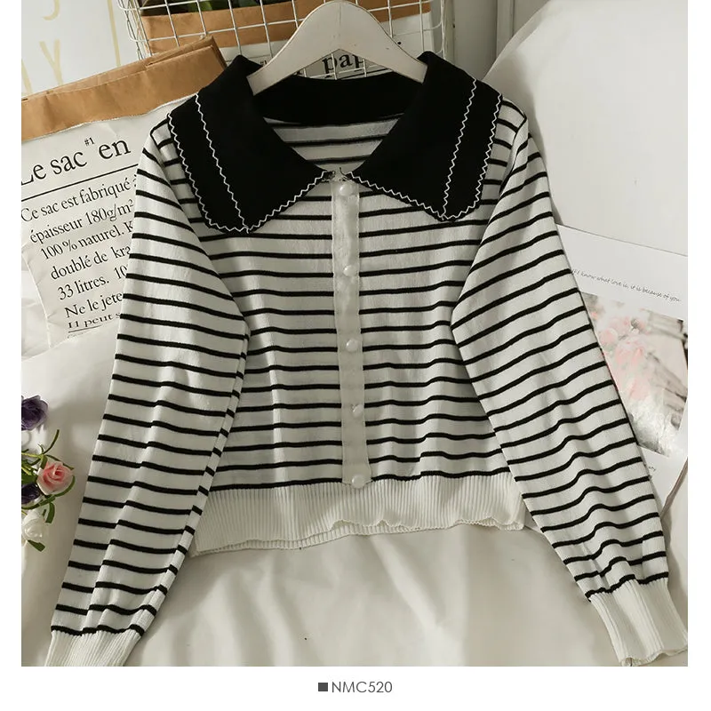 Contrast striped Lapel loose slim Pullover Top  1933