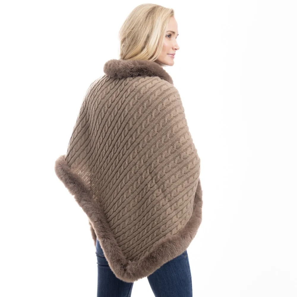 Cozy Cable Poncho with Faux Fur Trim