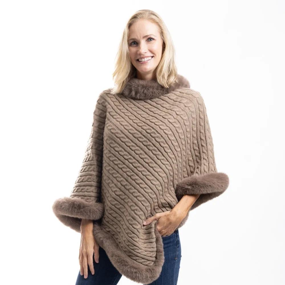 Cozy Cable Poncho with Faux Fur Trim