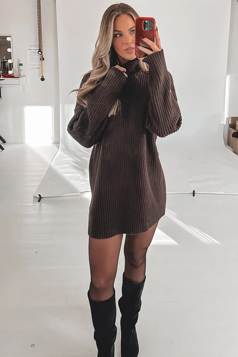 Cozy Enough Chocolate Brown Turtleneck Sweater Dress