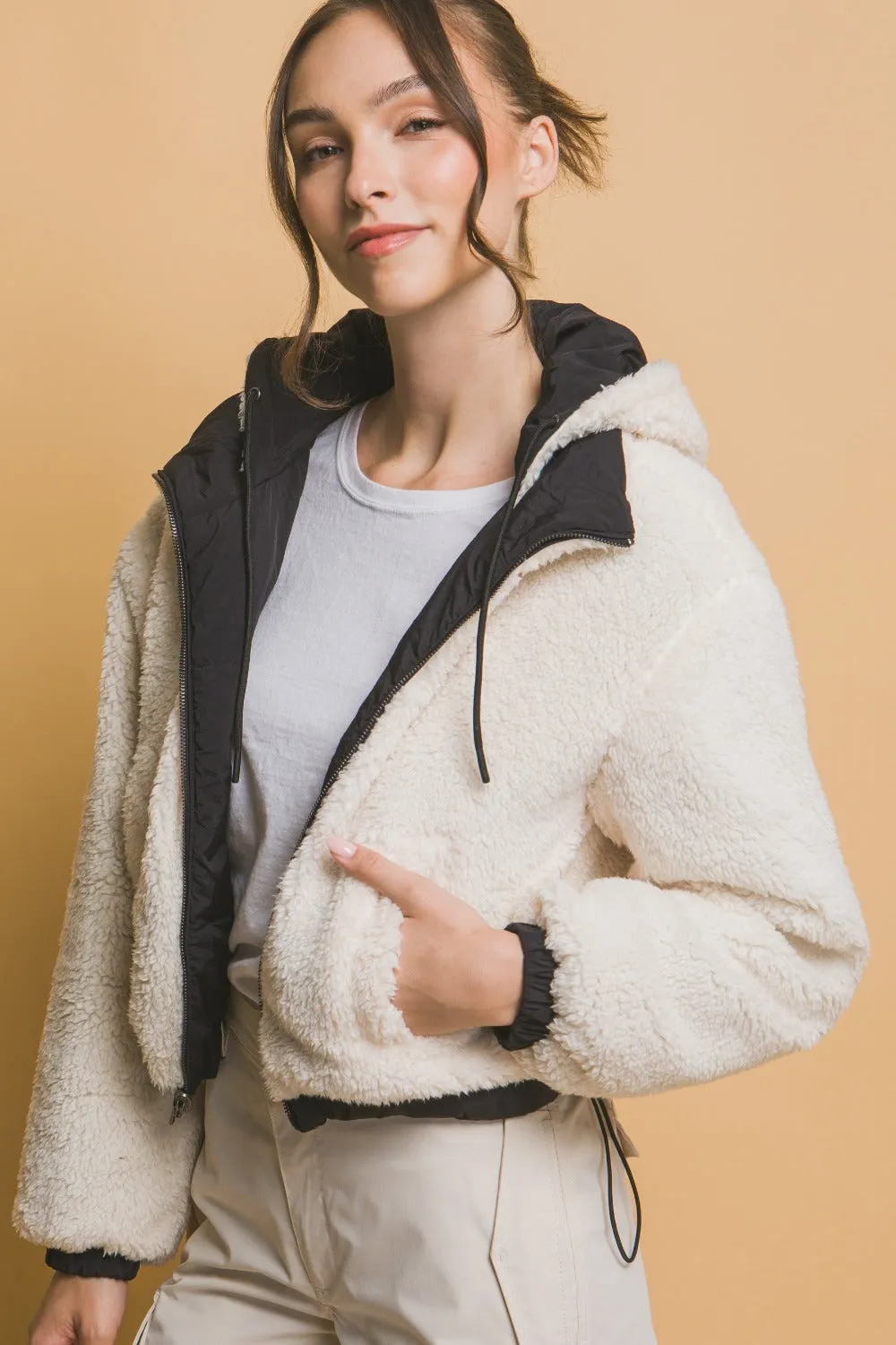 Cropped Hooded Sherpa Reversible Jacket