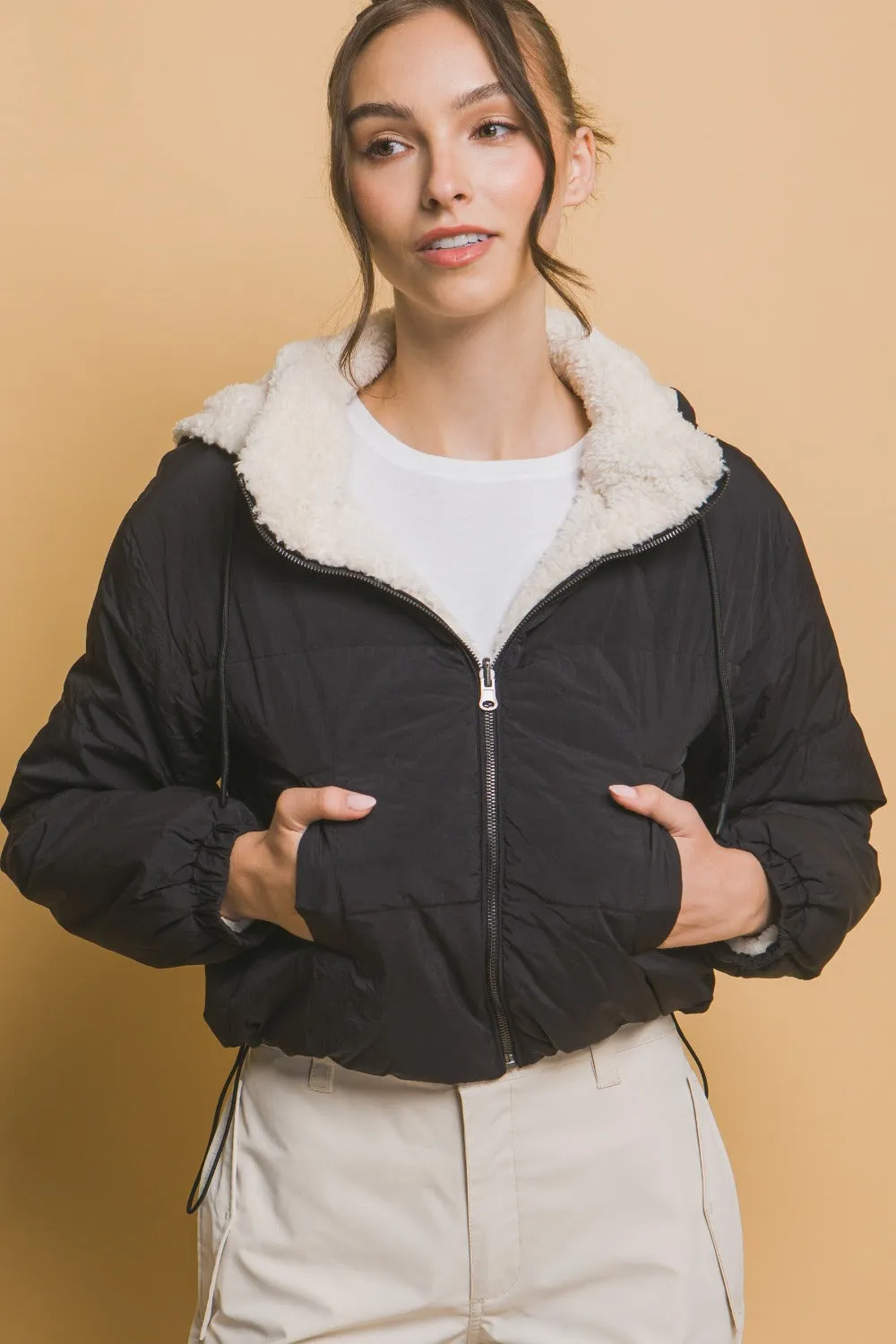 Cropped Hooded Sherpa Reversible Jacket