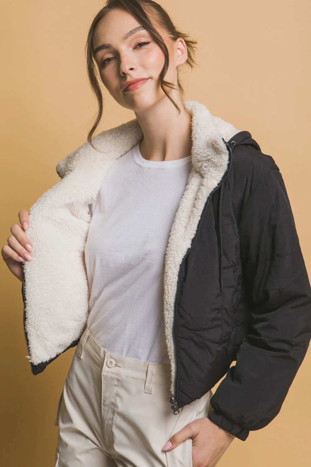 Cropped Hooded Sherpa Reversible Jacket