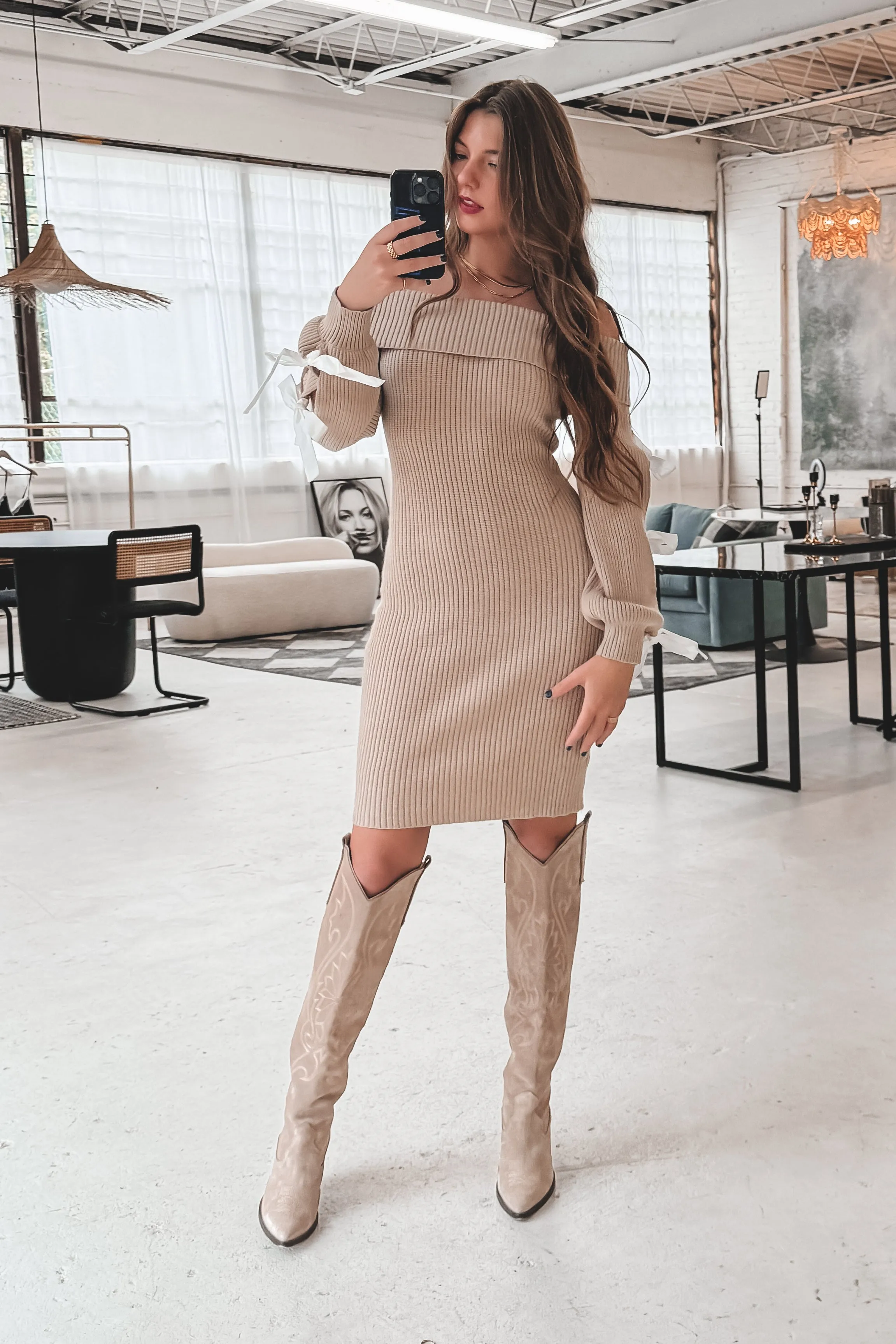 DEAL Got A Crush On You Taupe Knit Off The Shoulder Bow Dress