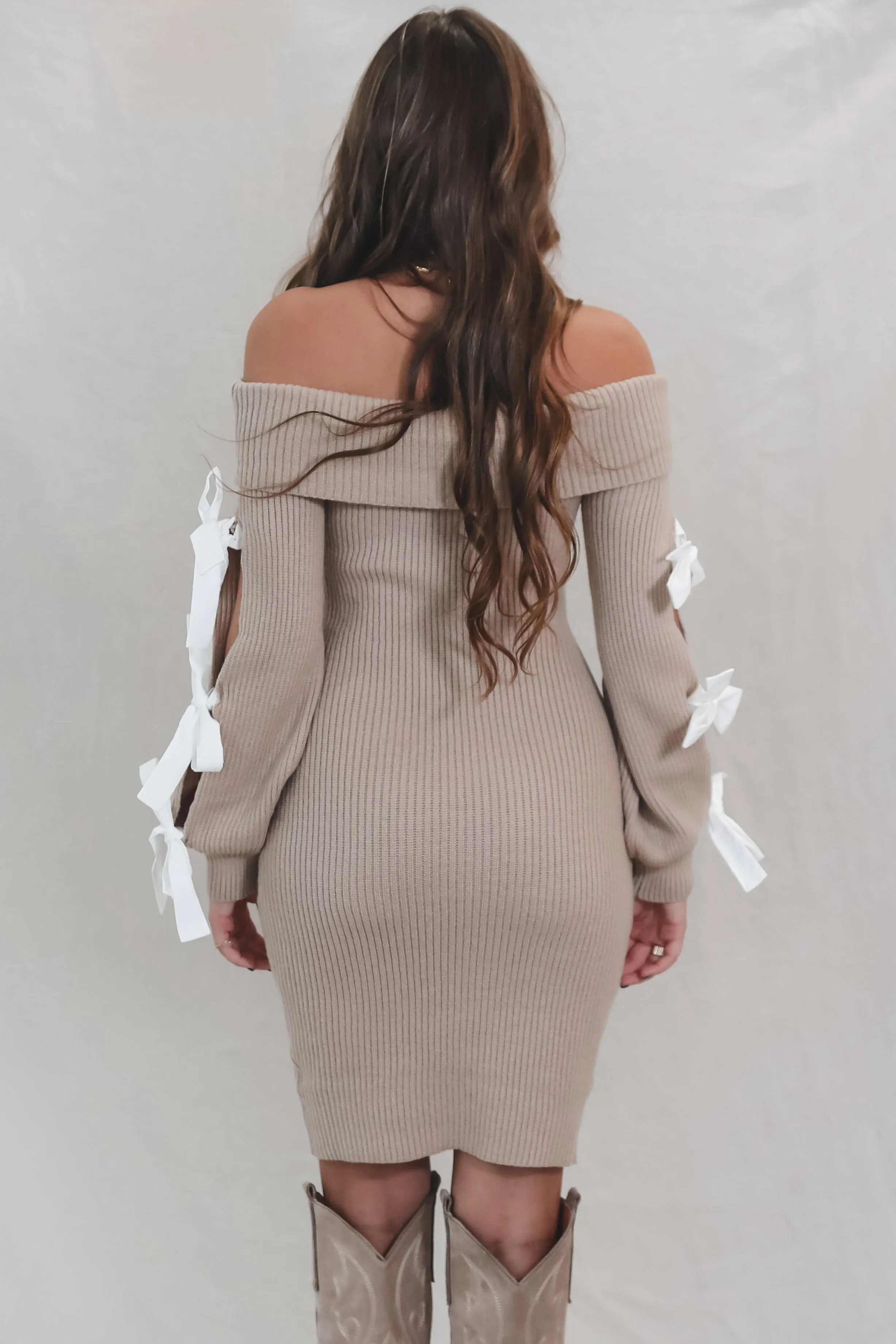 DEAL Got A Crush On You Taupe Knit Off The Shoulder Bow Dress