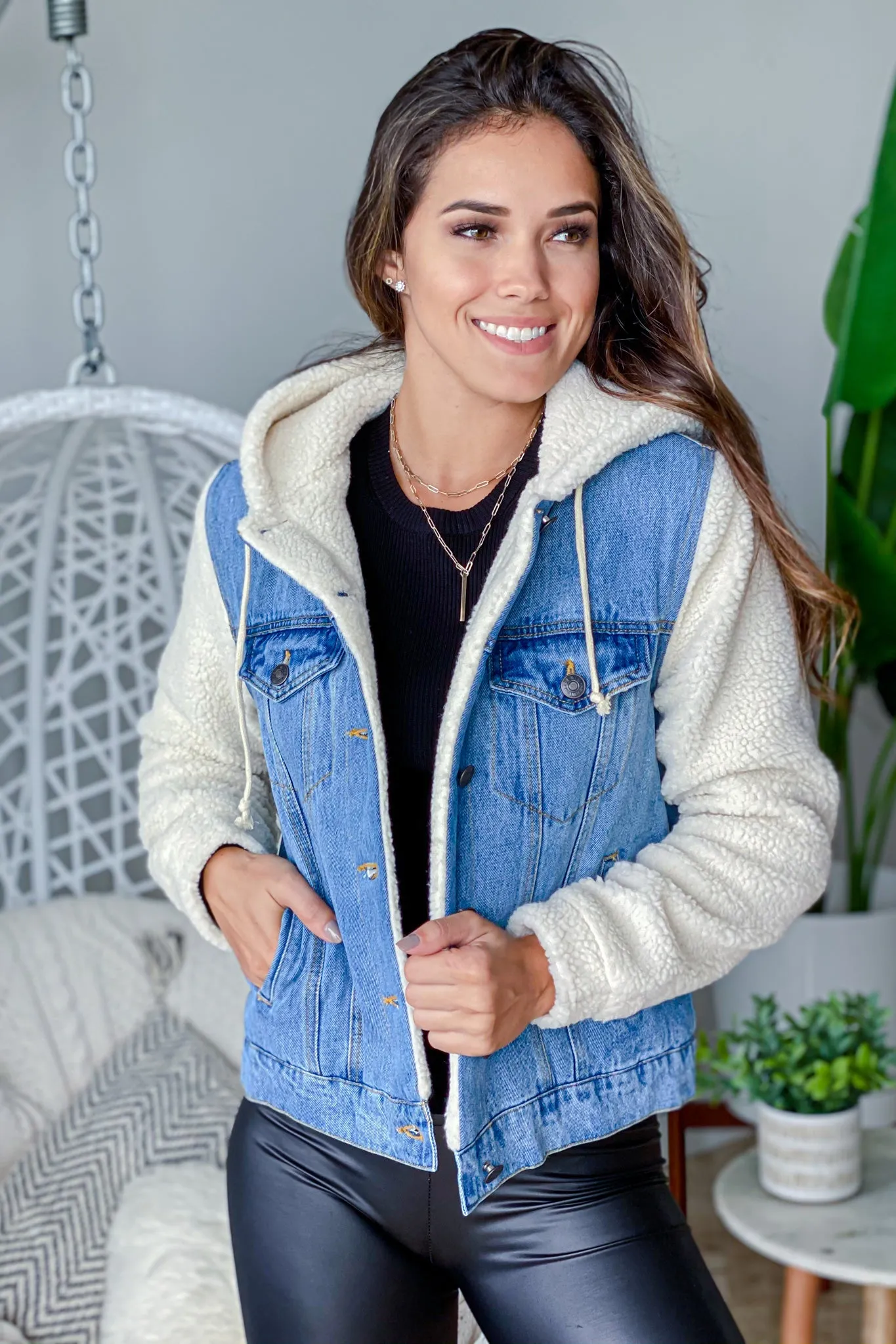 Denim and Sherpa Jacket With Hood