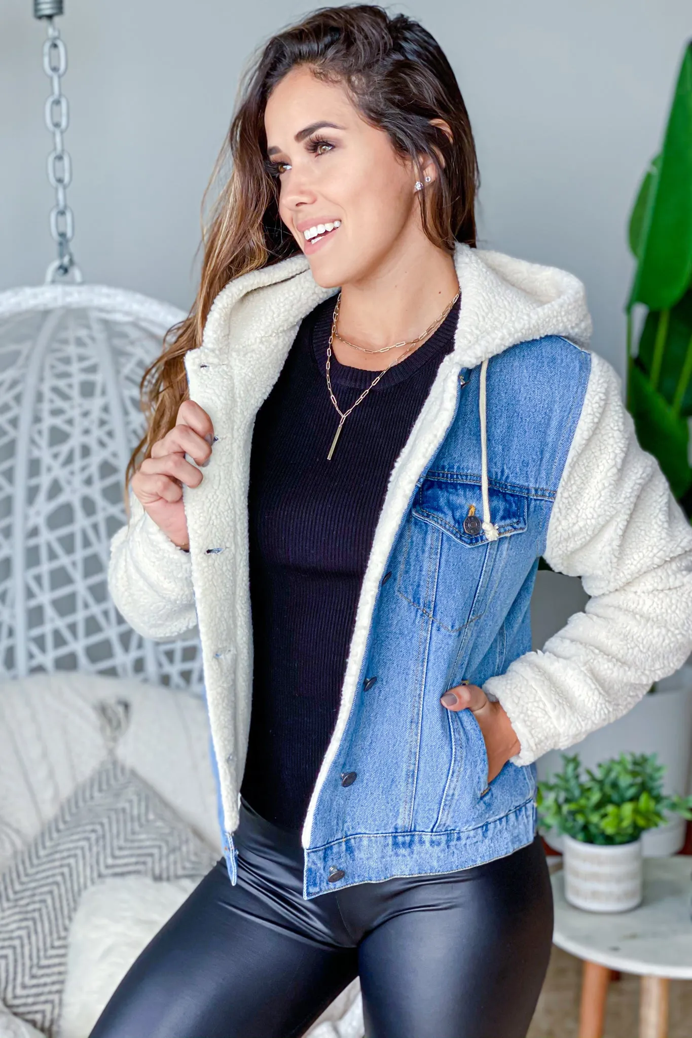 Denim and Sherpa Jacket With Hood