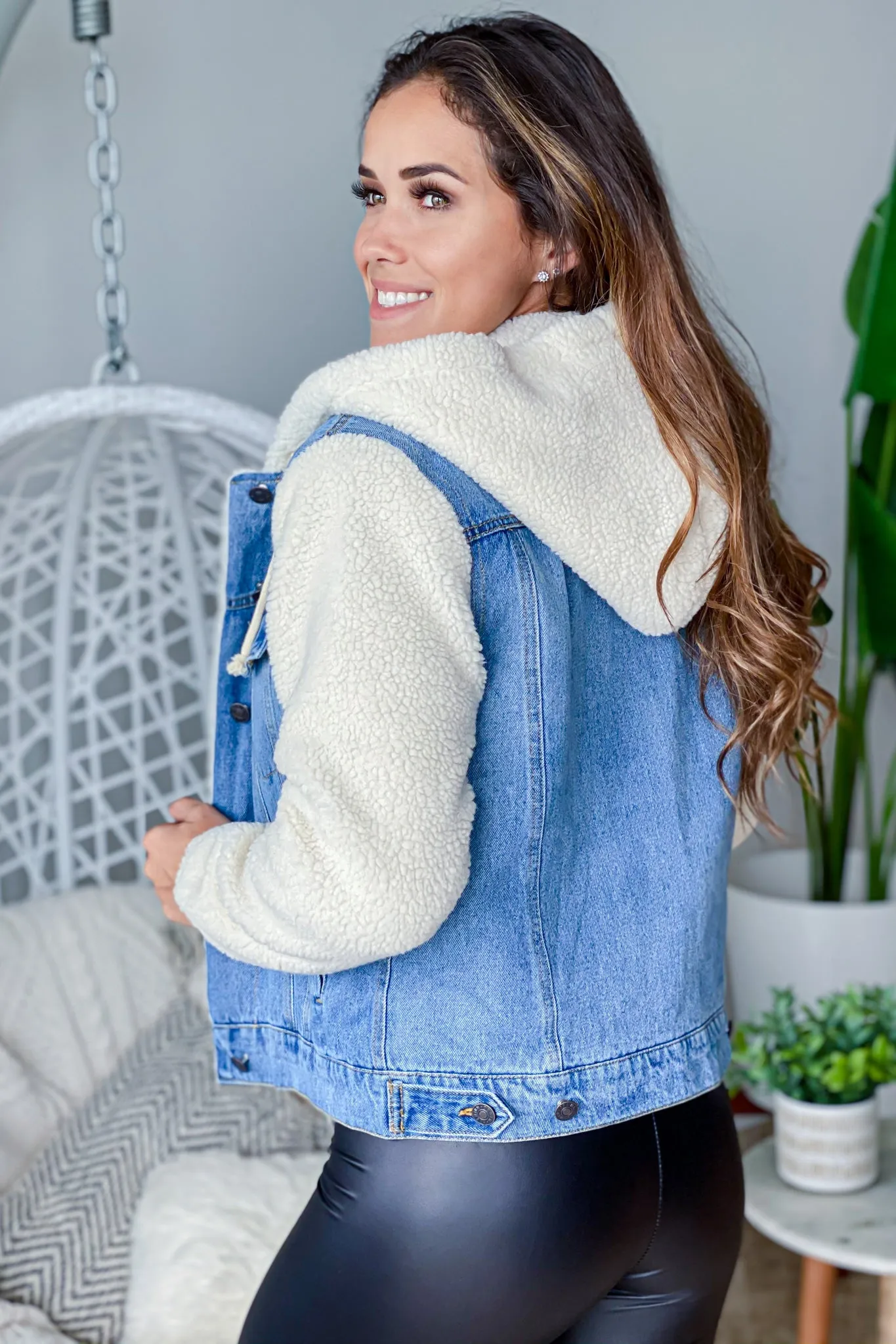 Denim and Sherpa Jacket With Hood