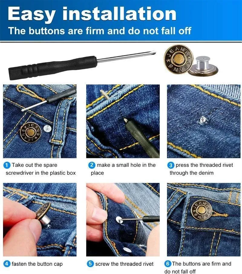 Denim Button Repair Kit: No-Sew Fix for Metal Jeans