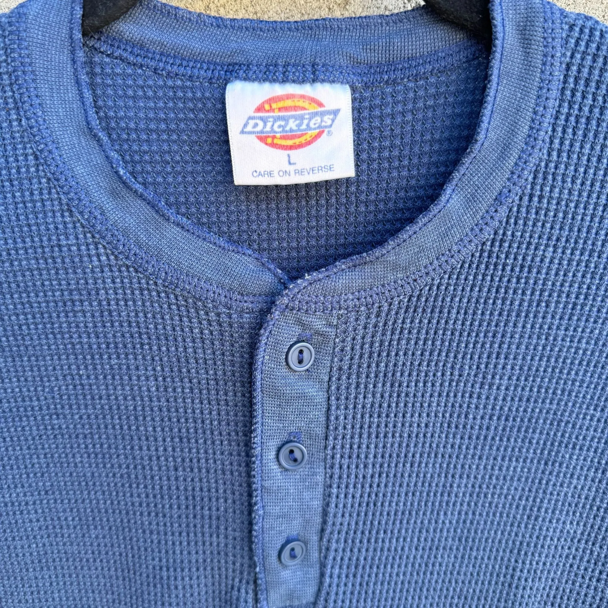 Dickies Mens Blue Thermal Outdoor Henley Crew Neck Long Sleeve Waffle Knit Shirt