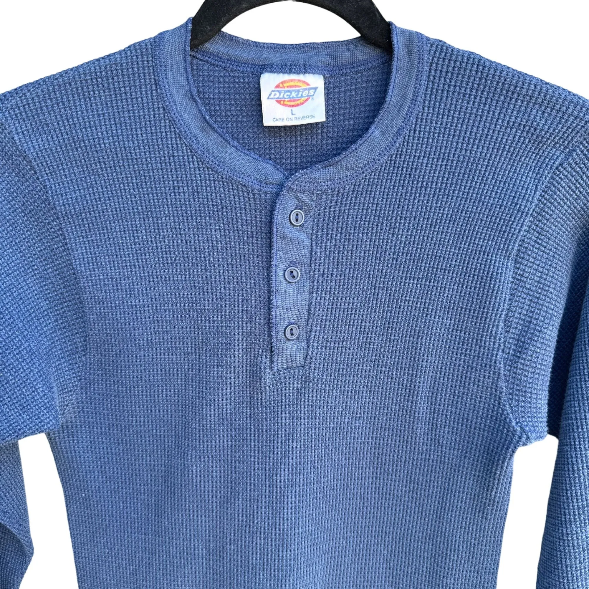 Dickies Mens Blue Thermal Outdoor Henley Crew Neck Long Sleeve Waffle Knit Shirt