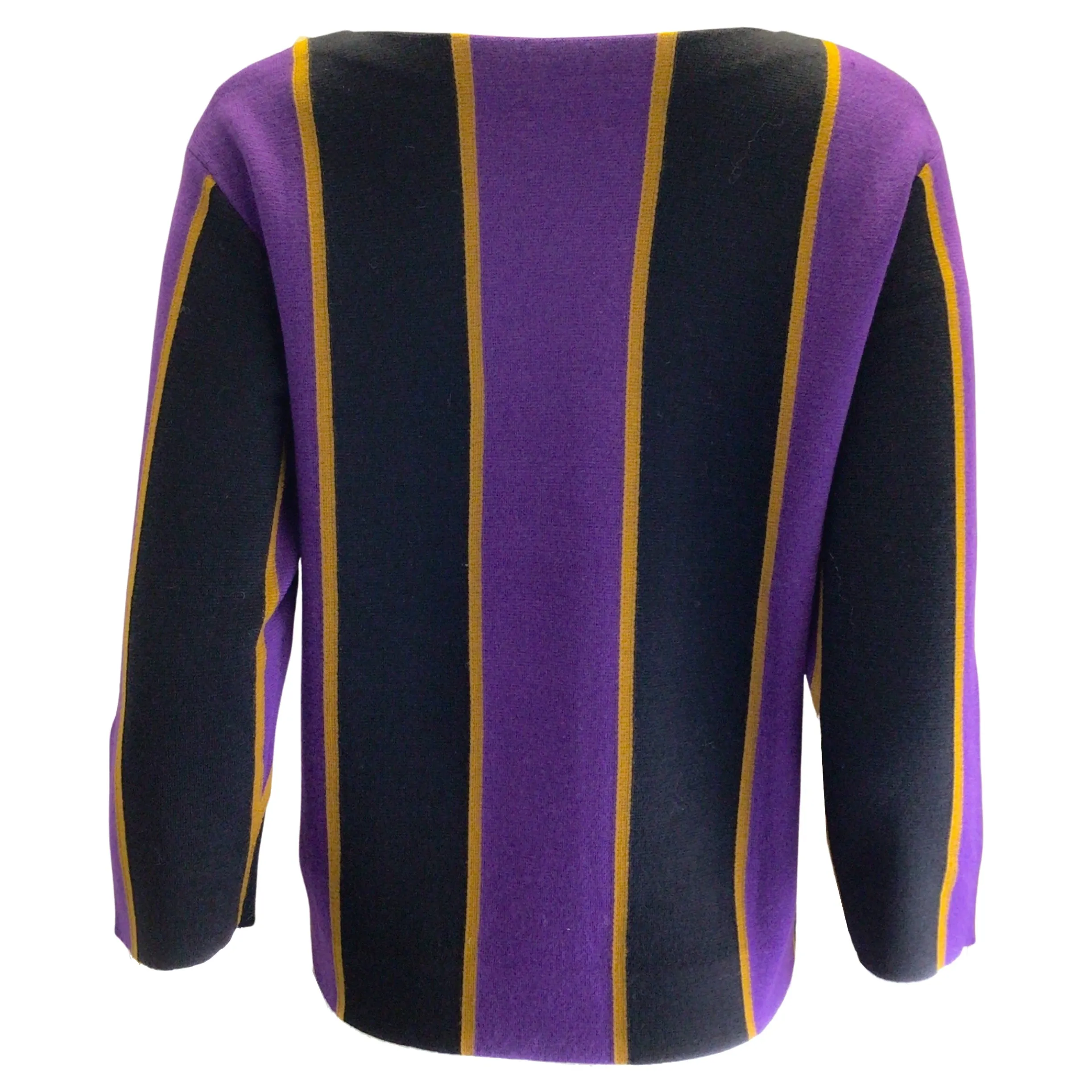 Dries van Noten Purple / Gold / Black Striped Long Sleeved Merino Wool Knit Sweater