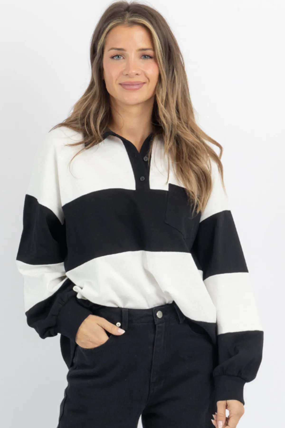 ELIANNA B W POLO STRIPE TOP