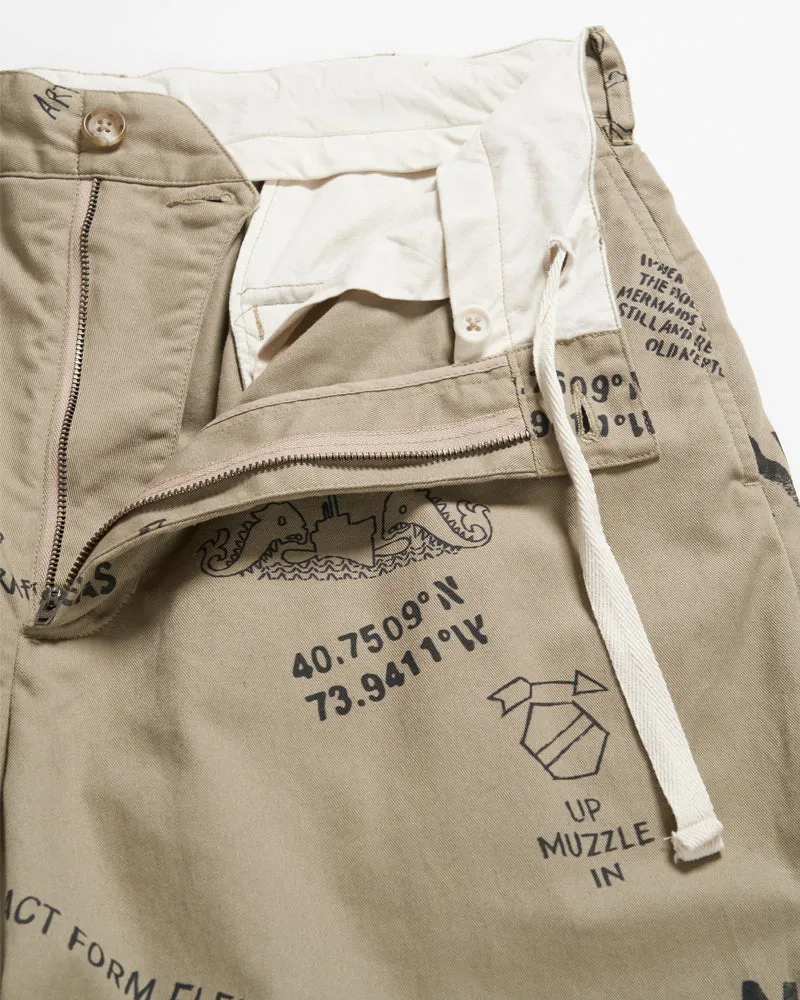 Engineered Garments Officer Pant Khaki Graffiti Print Flat Twill