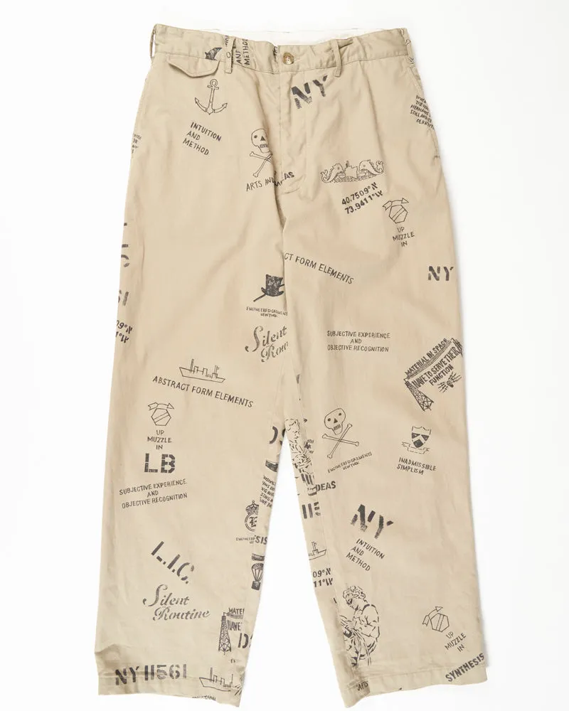 Engineered Garments Officer Pant Khaki Graffiti Print Flat Twill