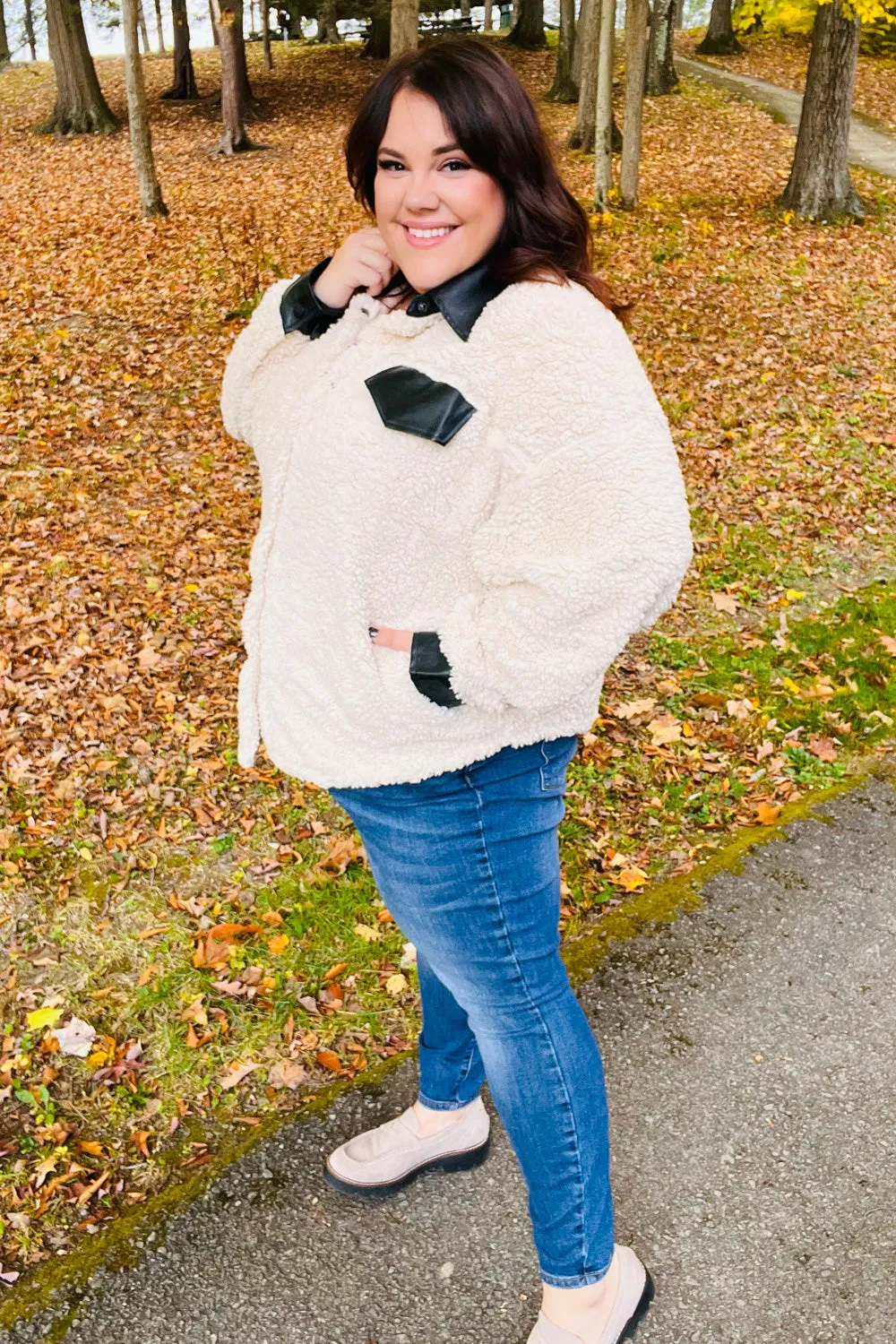 Feeling Bold Ivory Sherpa Fleece Faux Leather Jacket