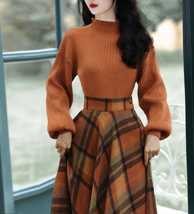 Flytonn-women fall outfits high street ins style  fall outfits women Yujie Hong Kong Style Retro Wear High-Grade Chic Sweater with Plaid Skirt Two-Piece Suit for Women Autumn and Winter