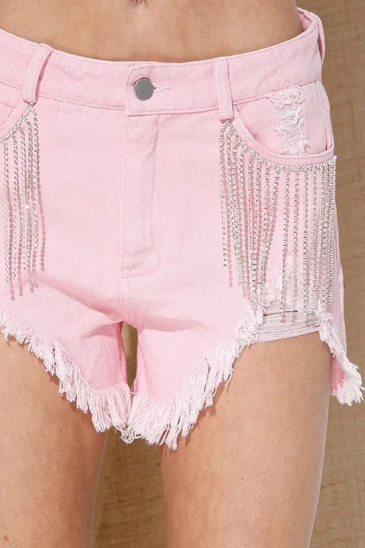 Frayed Rhinestone Denim Shorts