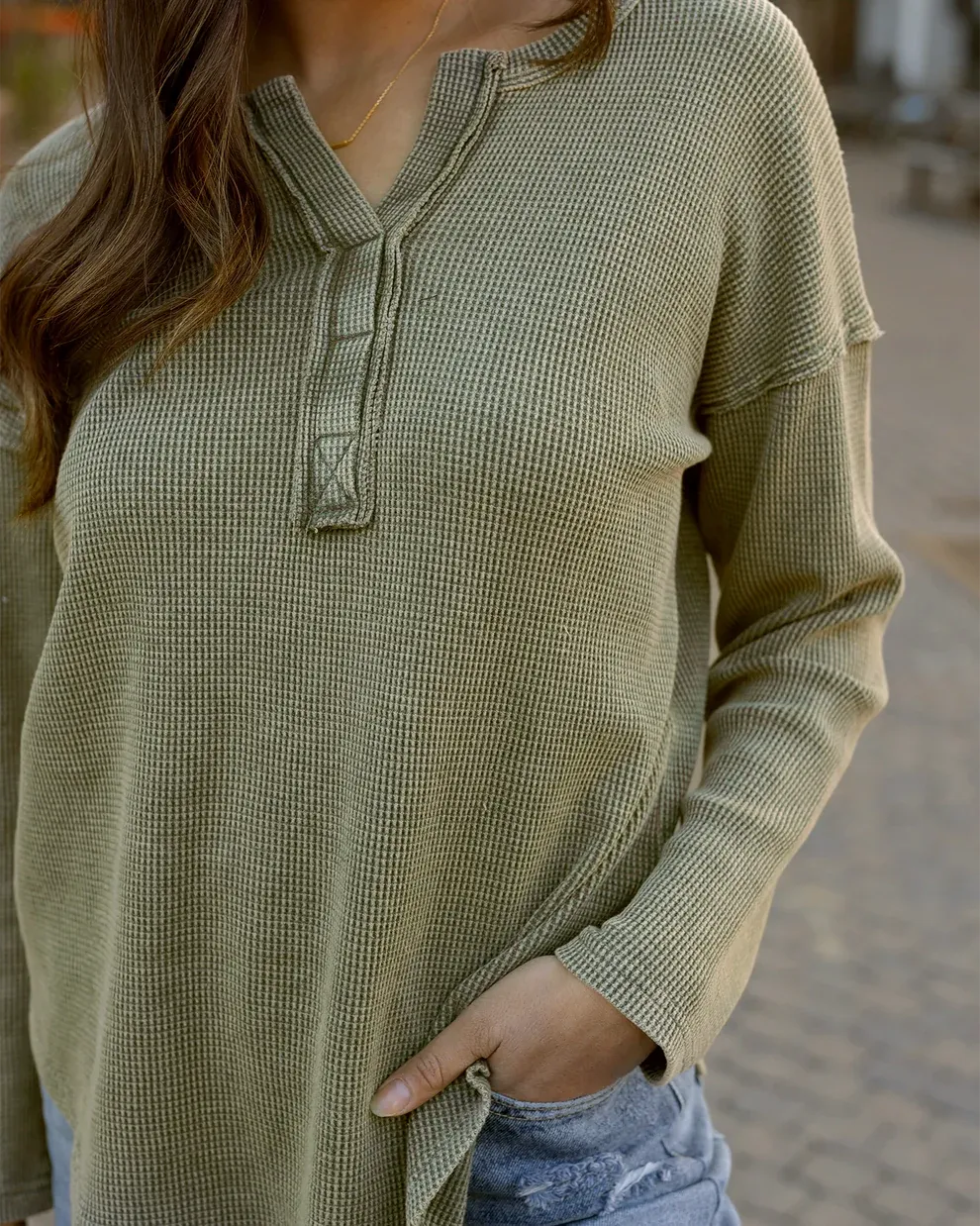 Grace & Lace Mineral Washed Waffle Henley - Chive