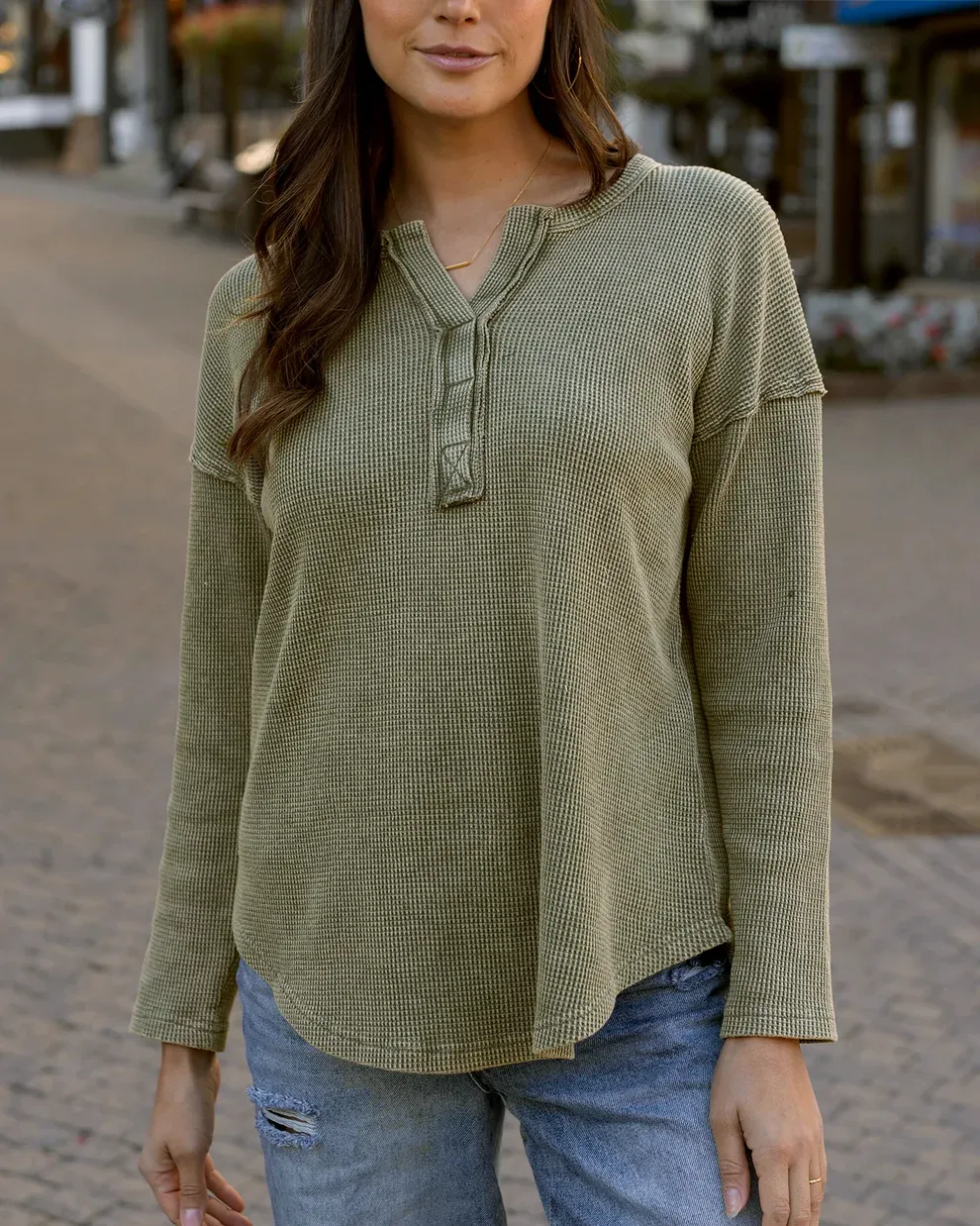 Grace & Lace Mineral Washed Waffle Henley - Chive