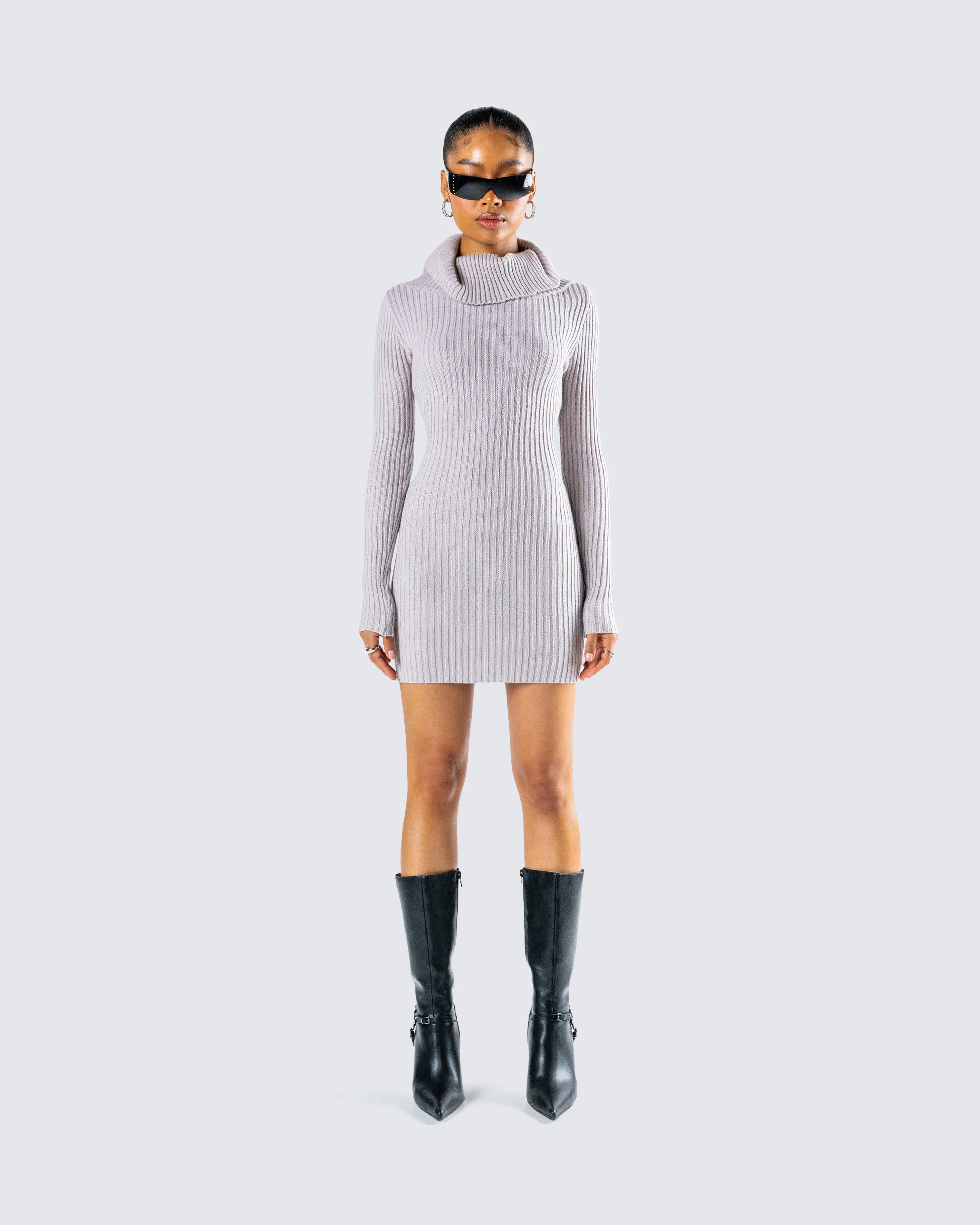 Hala Grey Cowl Neck Sweater Dress