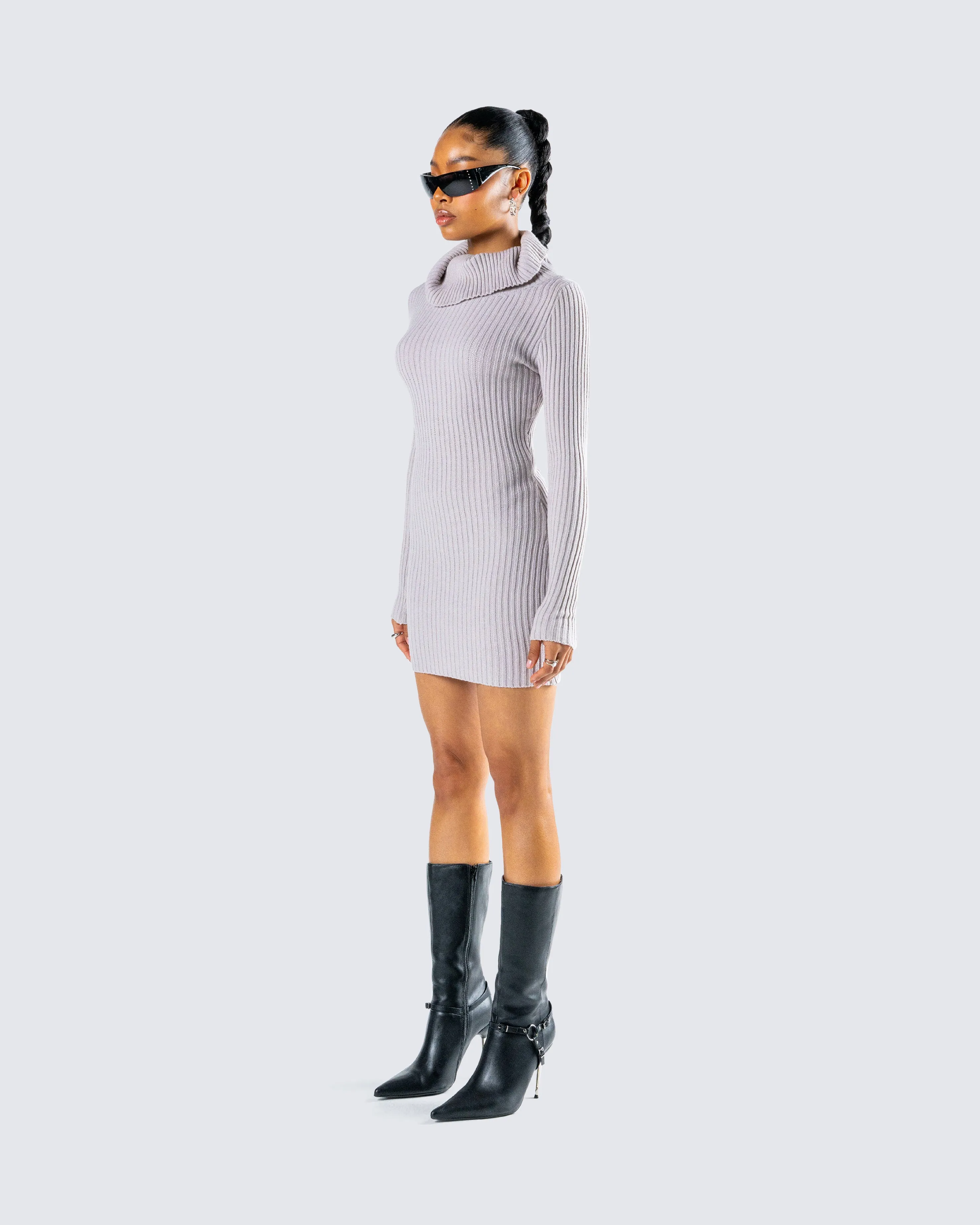 Hala Grey Cowl Neck Sweater Dress