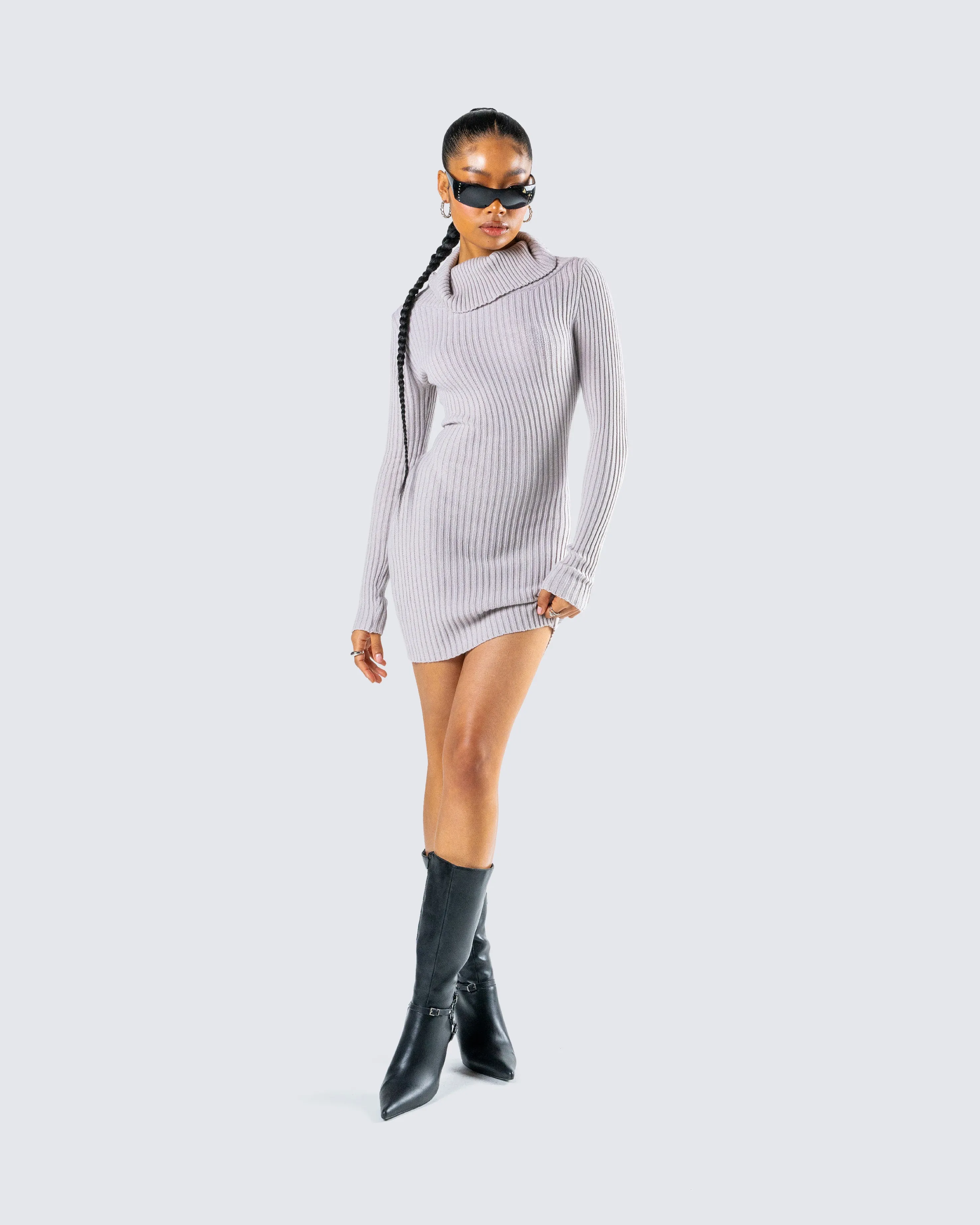 Hala Grey Cowl Neck Sweater Dress