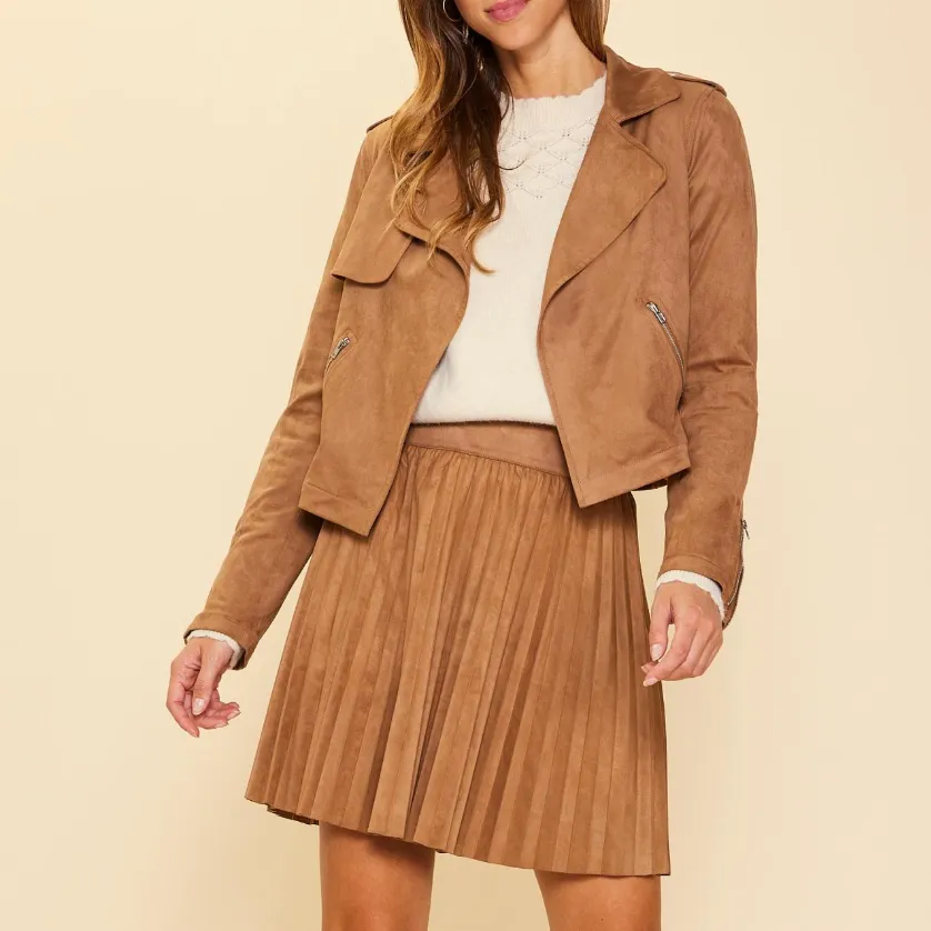 Hey Babe Camel Faux Suede Pleated Skirt