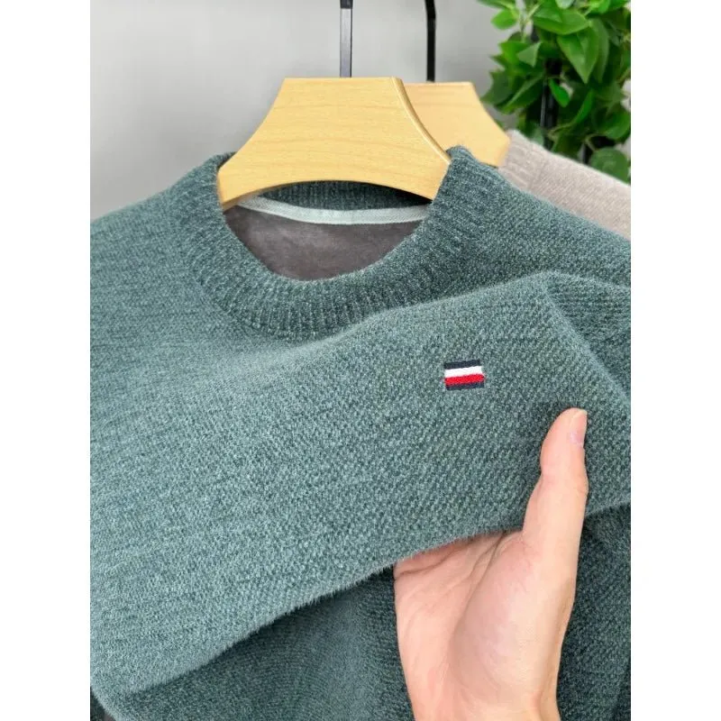 High End Winter Chenille Sweater for Men with Plush and Thickened Round Neck Integrated Plush and Plush Knitted Pullover Top