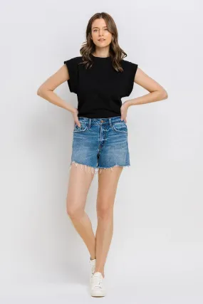 High Rise Distressed Hem A-Line Shorts