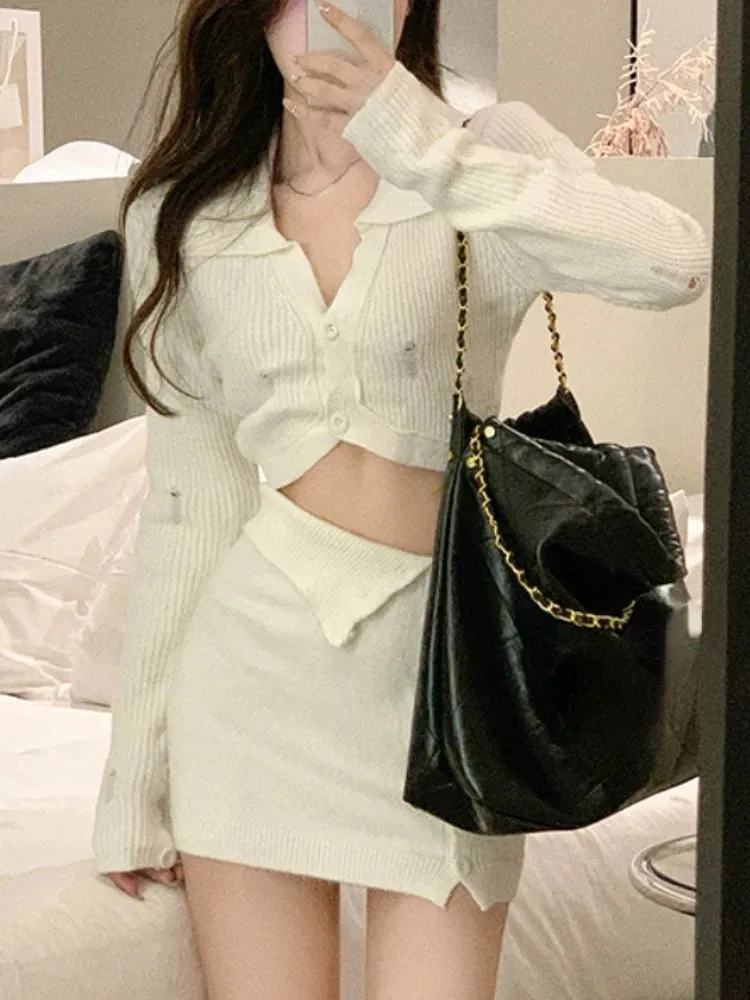 Hnewly BACK TO SCHOOL OUTFIT Knitted 2 Piece Dress Set Dress Women Autumn Casual Long Sleeve Korean Style Sweater Suit Office Lady Elegant Y2k Chic Sets