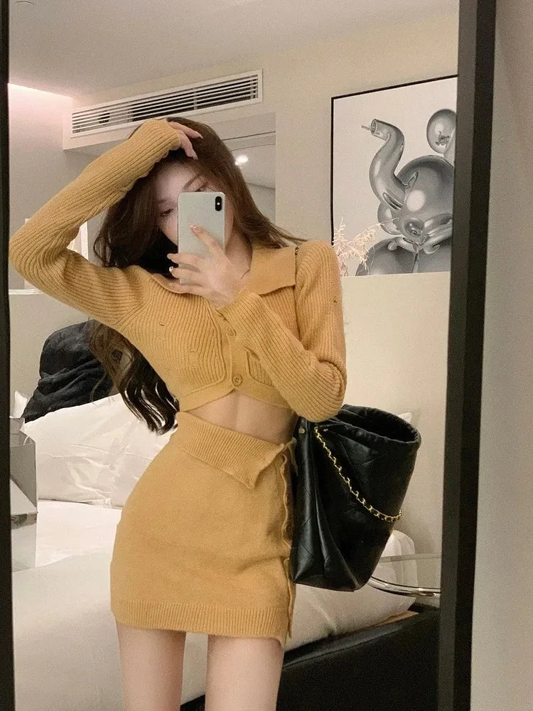 Hnewly BACK TO SCHOOL OUTFIT Knitted 2 Piece Dress Set Dress Women Autumn Casual Long Sleeve Korean Style Sweater Suit Office Lady Elegant Y2k Chic Sets