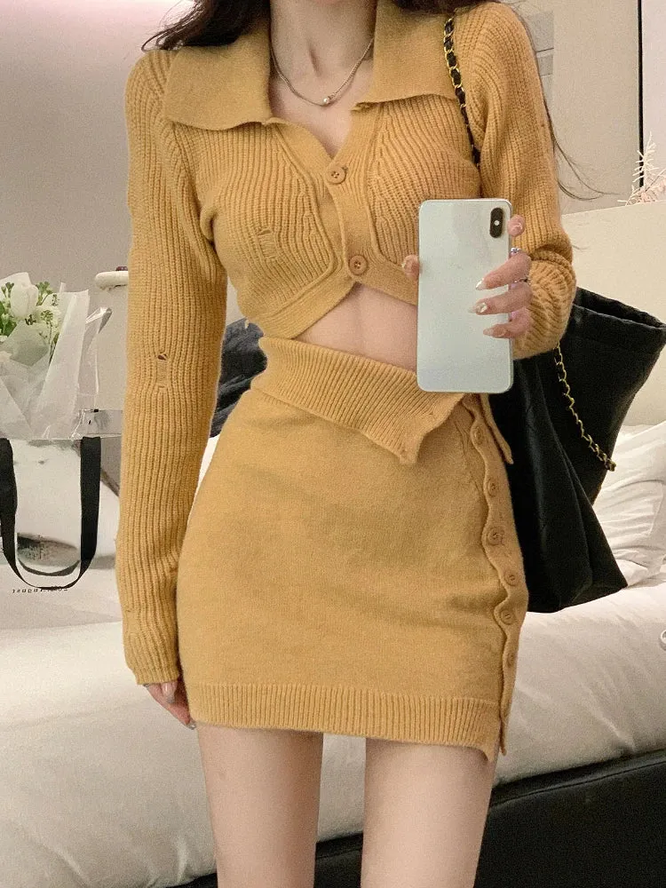 Hnewly BACK TO SCHOOL OUTFIT Knitted 2 Piece Dress Set Dress Women Autumn Casual Long Sleeve Korean Style Sweater Suit Office Lady Elegant Y2k Chic Sets