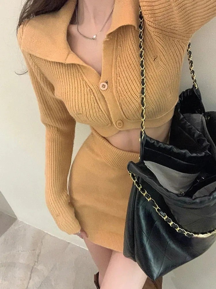 Hnewly BACK TO SCHOOL OUTFIT Knitted 2 Piece Dress Set Dress Women Autumn Casual Long Sleeve Korean Style Sweater Suit Office Lady Elegant Y2k Chic Sets