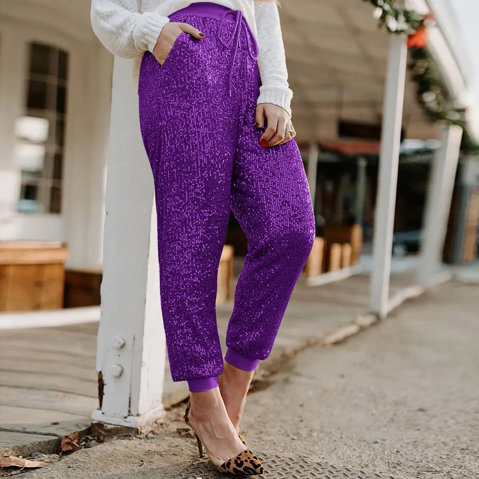 Hot Pink Sequin Female Trousers High Waist Casual Chic Luxury Party Outfit Streetwear Sparkle Straight Fashion Pants