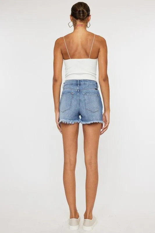 Kancan High Rise Frayed Hem Mom Denim Shorts