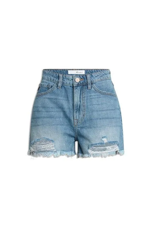 Kancan High Rise Frayed Hem Mom Denim Shorts