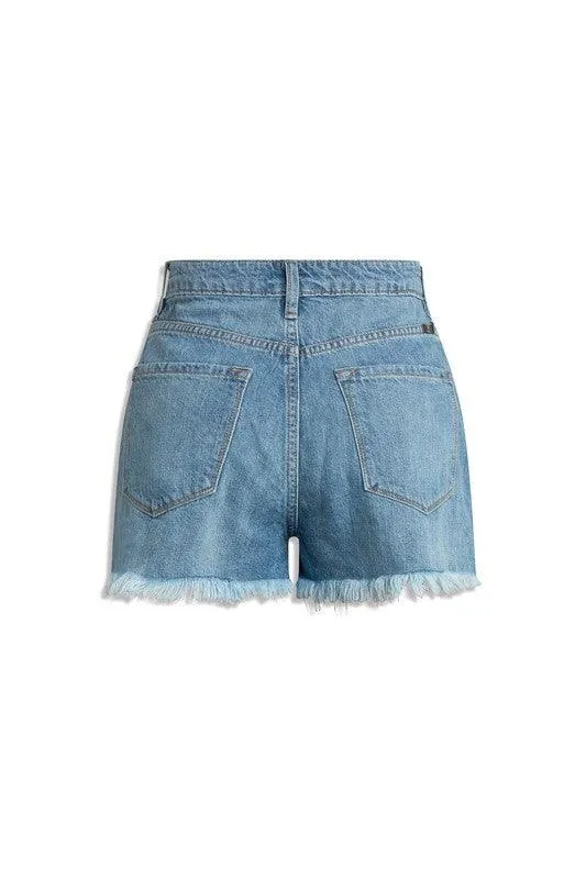 Kancan High Rise Frayed Hem Mom Denim Shorts