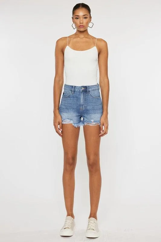 Kancan High Rise Frayed Hem Mom Denim Shorts