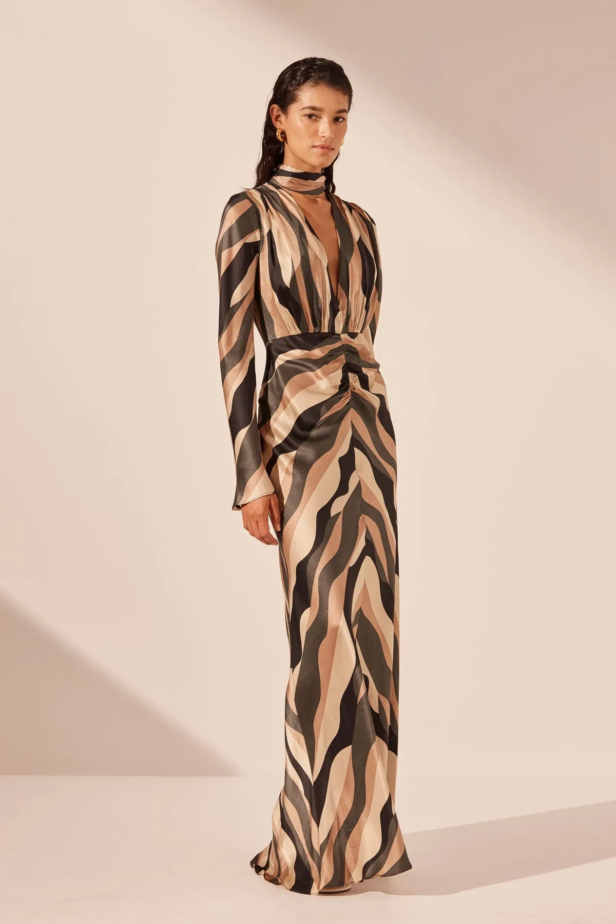 KORI SILK PLUNGED LONG SLEEVE MAXI DRESS