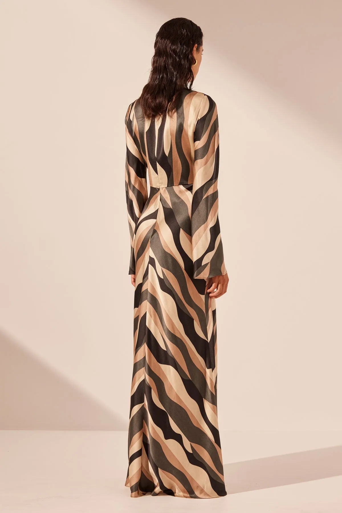 KORI SILK PLUNGED LONG SLEEVE MAXI DRESS