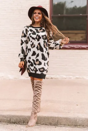 Let's Talk Leopard Sweater Dress In Brown