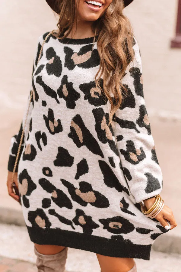 Let's Talk Leopard Sweater Dress In Brown