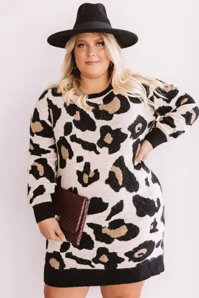 Let's Talk Leopard Sweater Dress In Iced Latte Curves