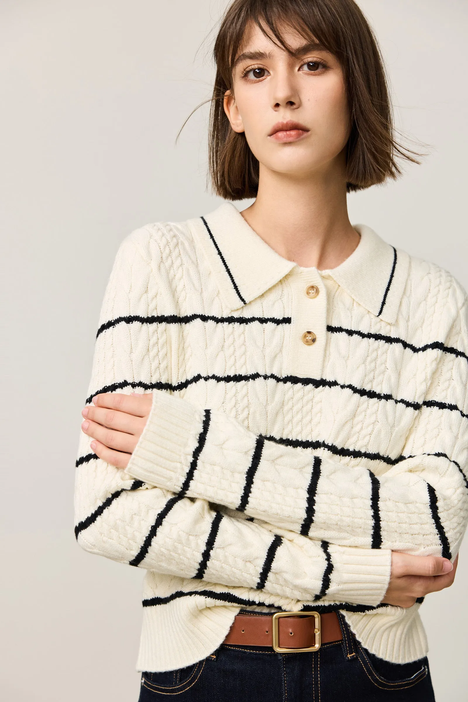 LILY Contrast Striped Relaxed Polo Sweater