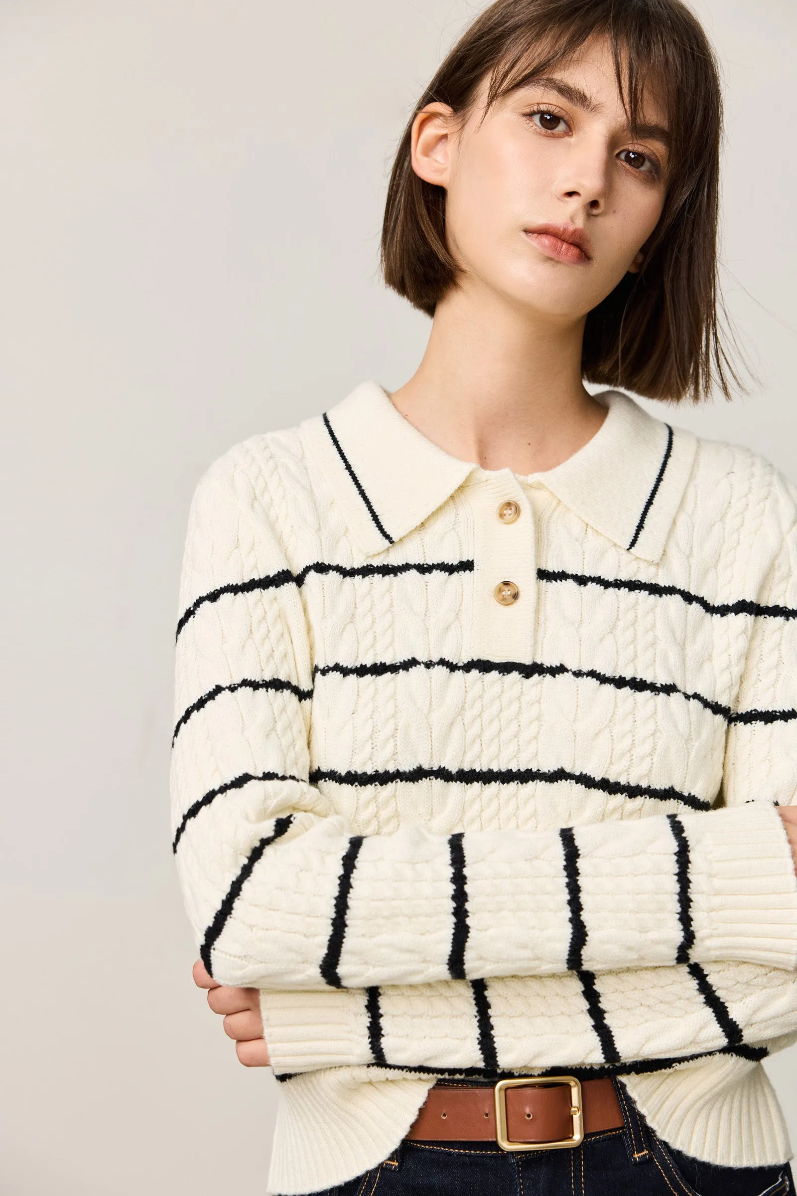 LILY Contrast Striped Relaxed Polo Sweater