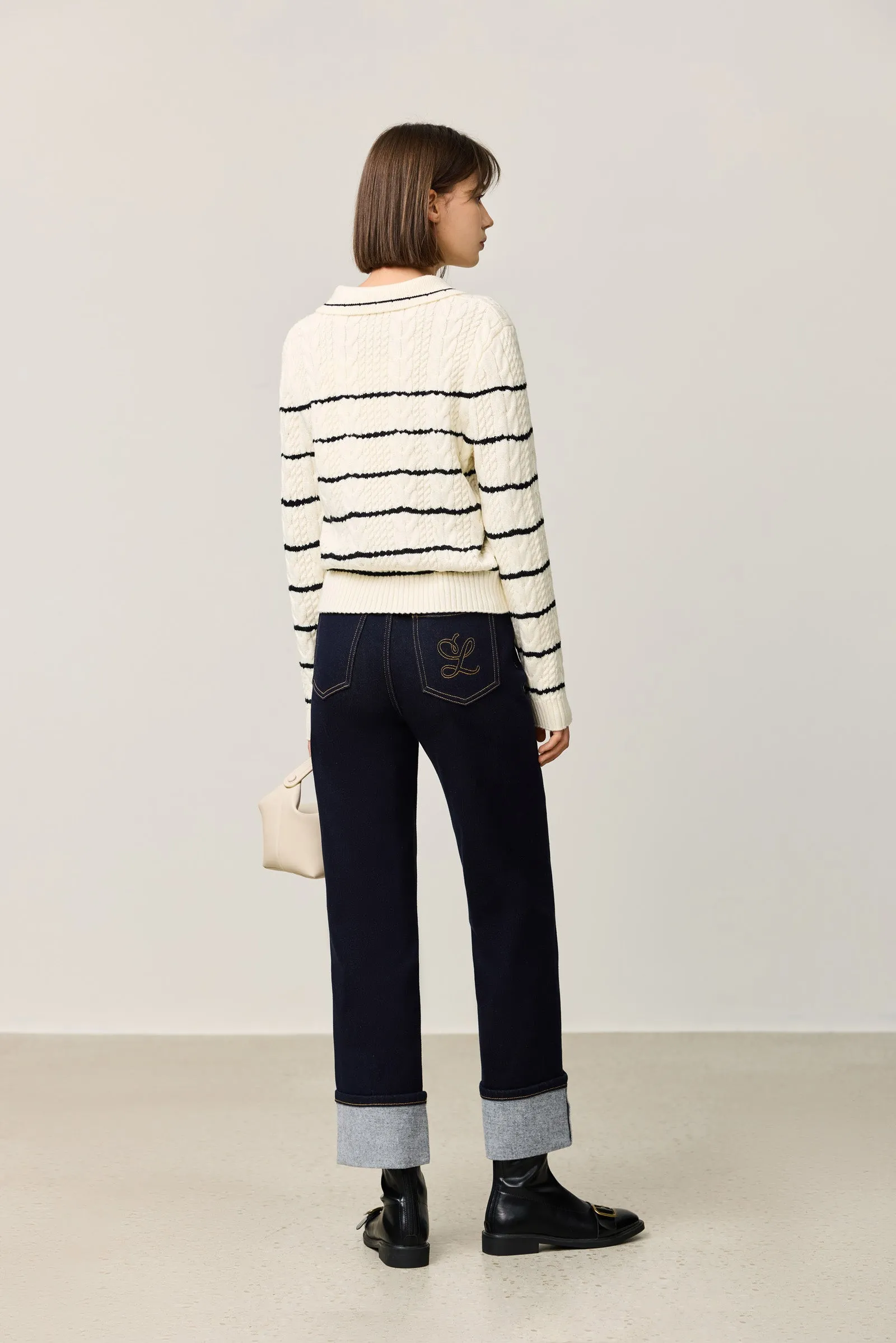 LILY Contrast Striped Relaxed Polo Sweater