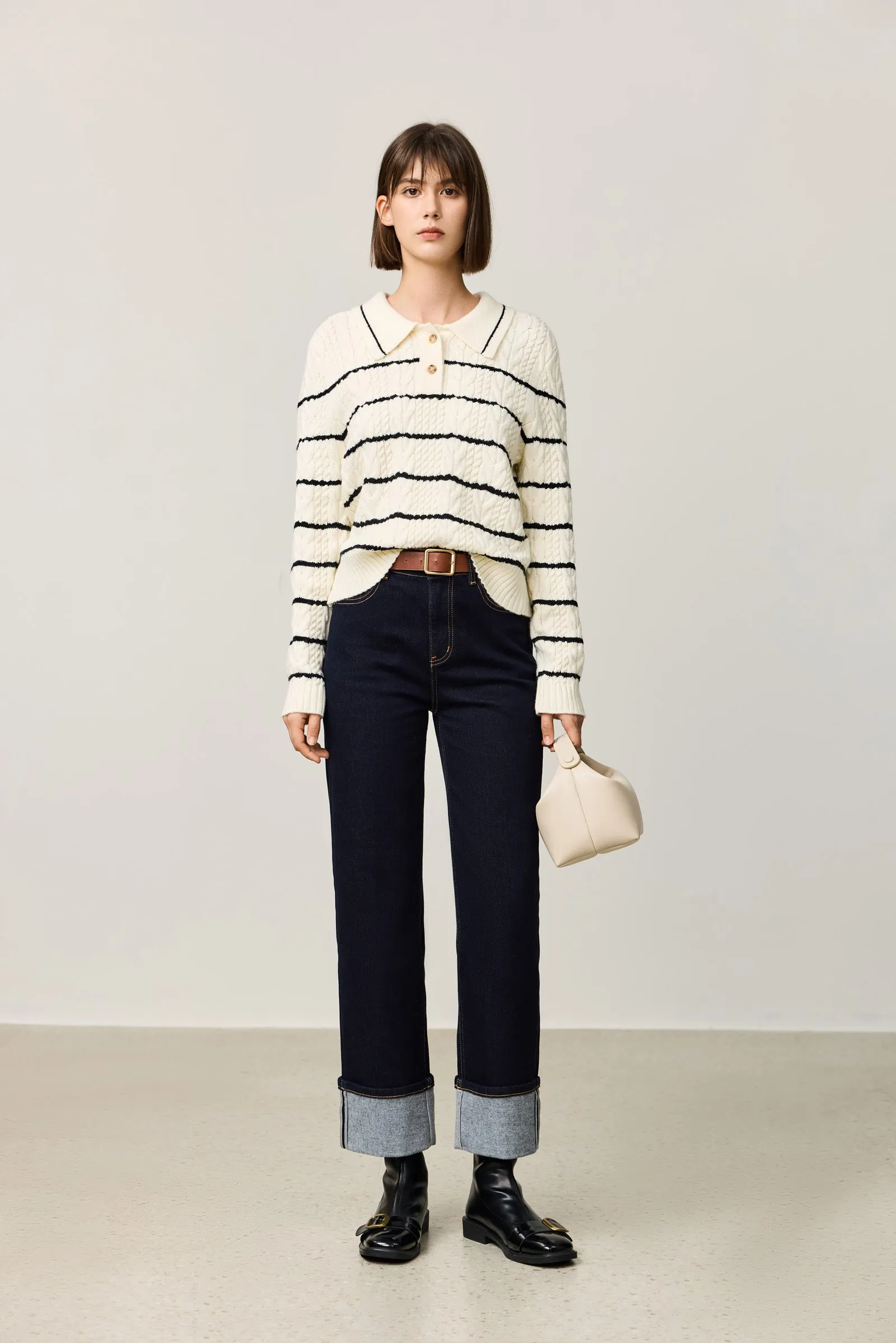 LILY Contrast Striped Relaxed Polo Sweater