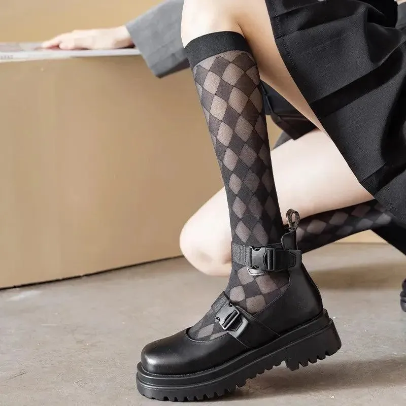 Lolita Gothic Diamond Checkered Black Knee High Socks for Women