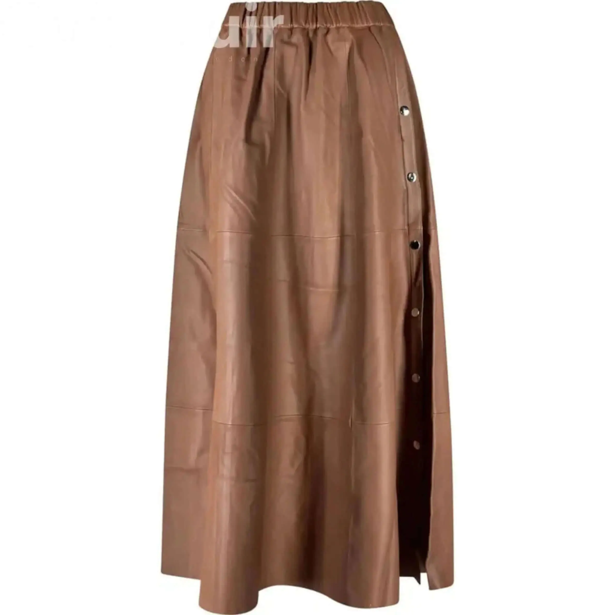 Long Beige Skirt with Button Detail | Elegant Lamb Feather Design